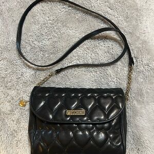 Moschino Black Lambskin Leather Quilted Heart Shoulder Bag